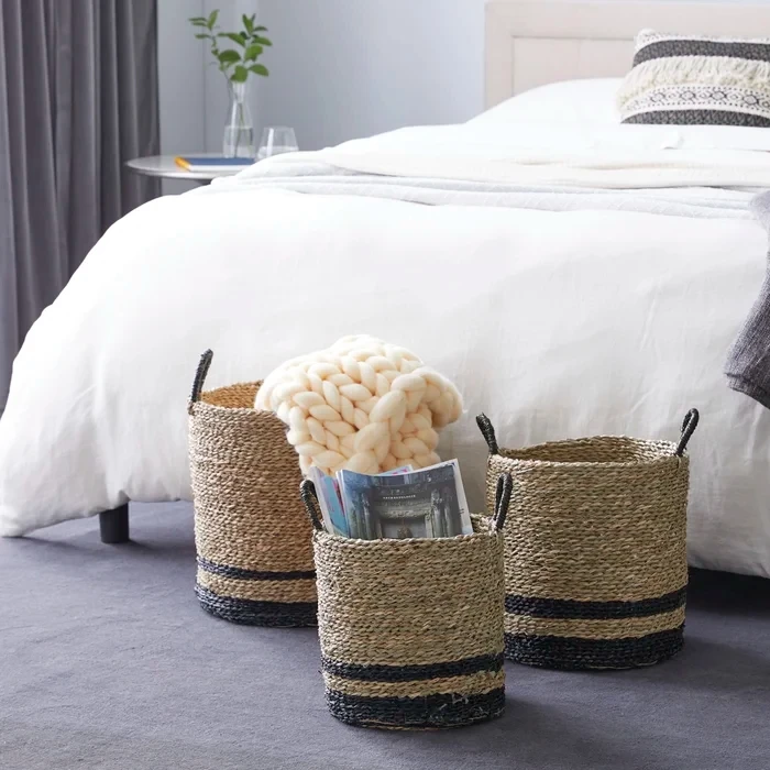 New Style Seagrass Woven Baskets Modern Round Wicker Storage Decorative Rattan Collapsible Clothes Laundry Hamper Home Organizer