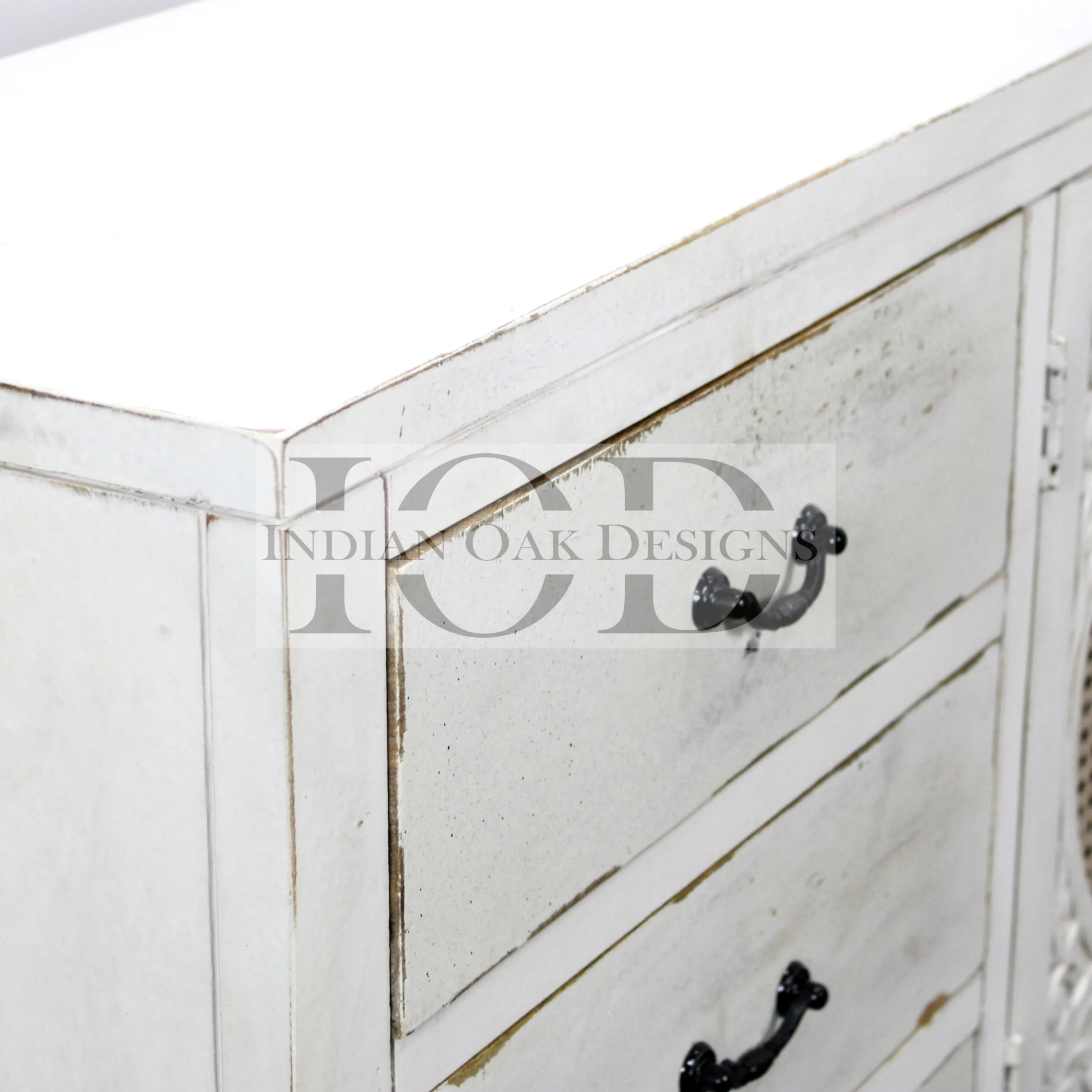 Indian Rattan Distressed Shabby Chic Natural Wooden Wicker Handmade Hand Carved Rattan Storage Cabinet Dresser Buffet Cupboard