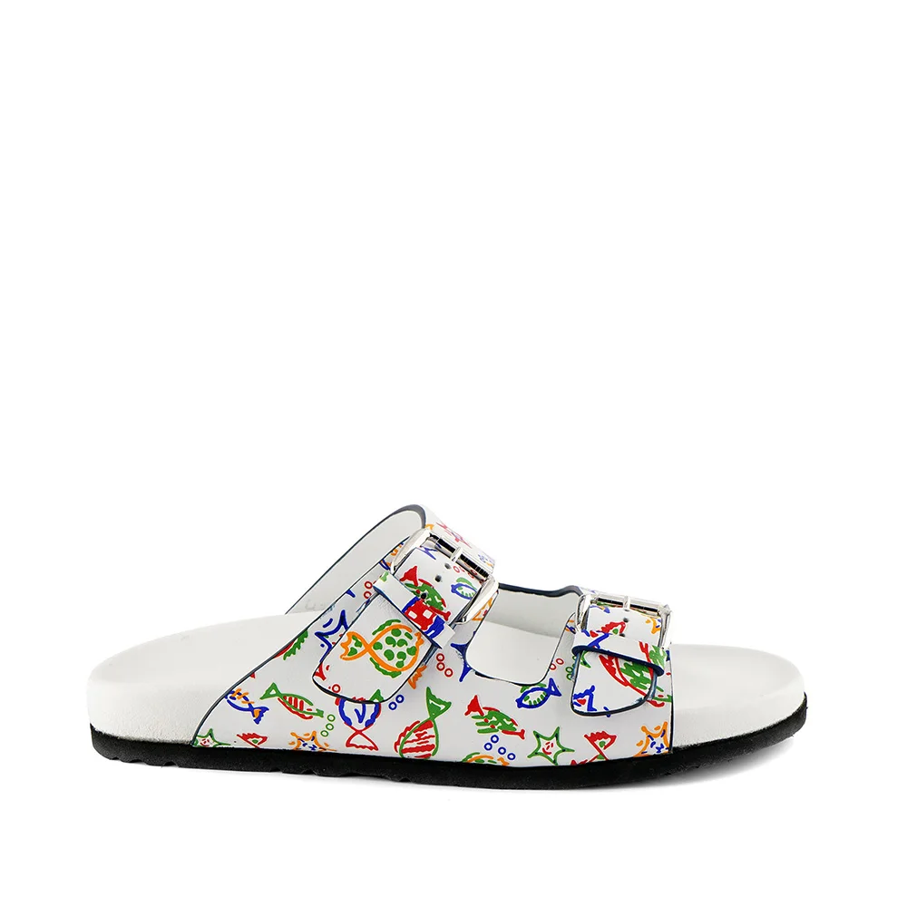 HIGH QUALITY WOMAN SLIPPER WHITE LEATHER WITH RE, GREEN AND BLU DIGITAL PRINT WIHT TWO PRACTICAL BUCKLES MADE IN ITALY