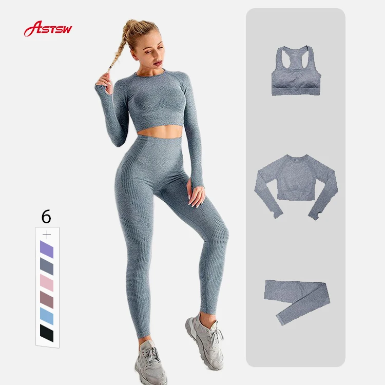 2/3/5PCS Seamless Women Yoga Workout Gym Sportswear Clothing Fitness Long Sleeve Crop Top Set High Waist Leggings Sports Suits