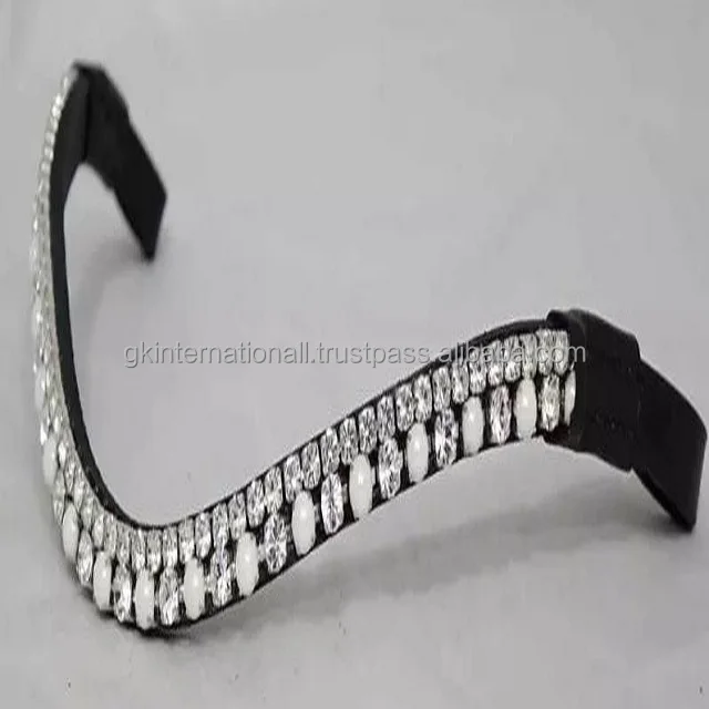 Premium Genuine Real Leather latest trending 15 mm leather horse brow band with 3 row decorative metal crystal chain