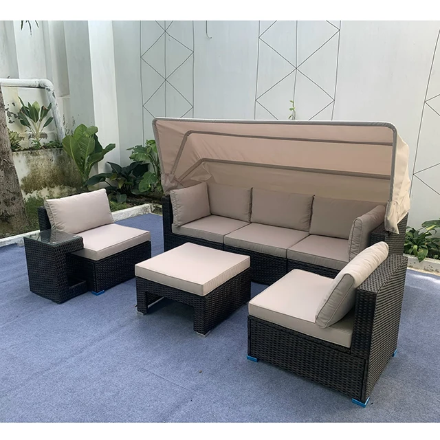 Modern 5 Seat Corner Sofa rattan dayebd set garden furniture with Canopy