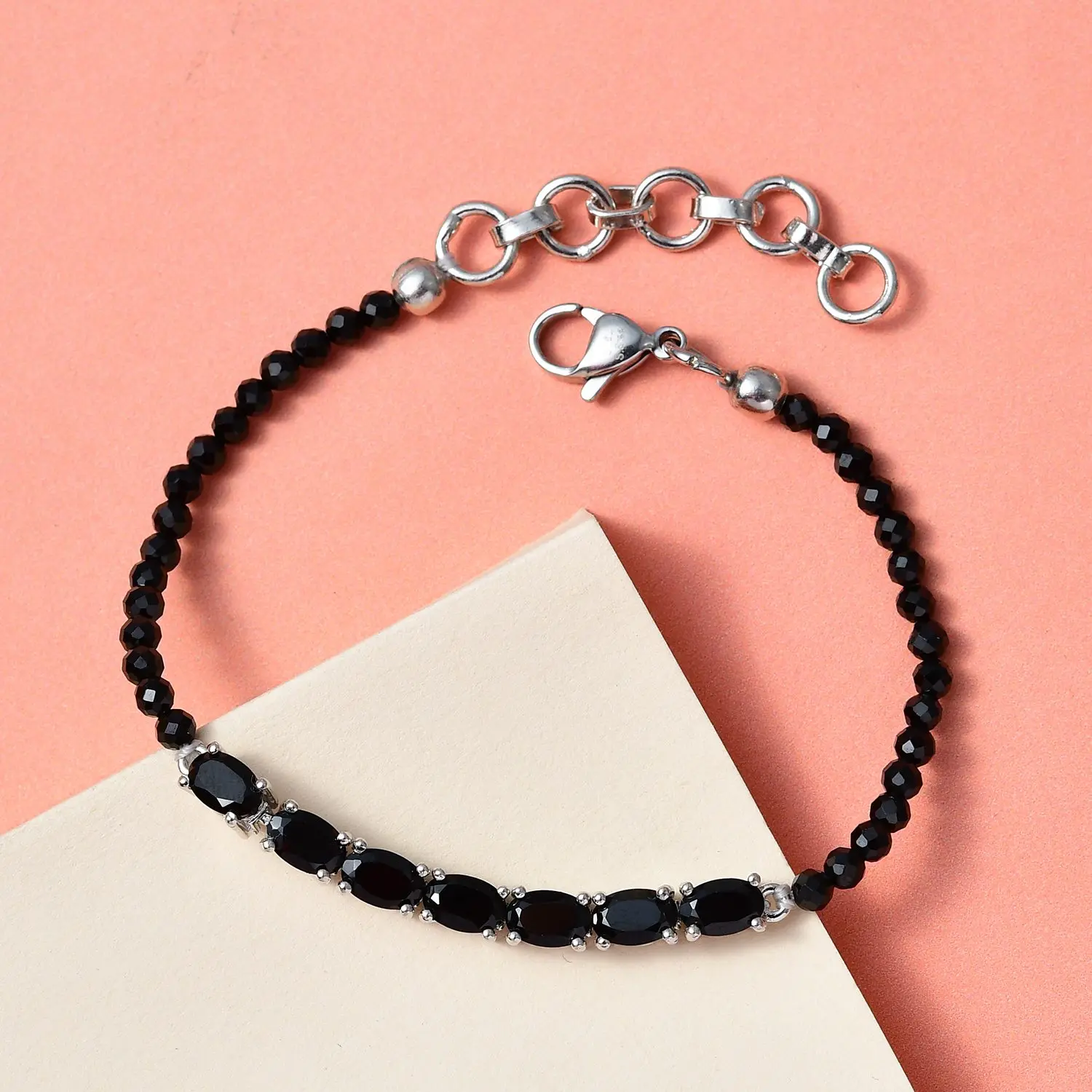 Karis Thai Black Spinel Beaded Bracelet in Platinum Bond (6.50-8.00In) Wholesale High Quality Fashion Jewelry Trending Bracelet