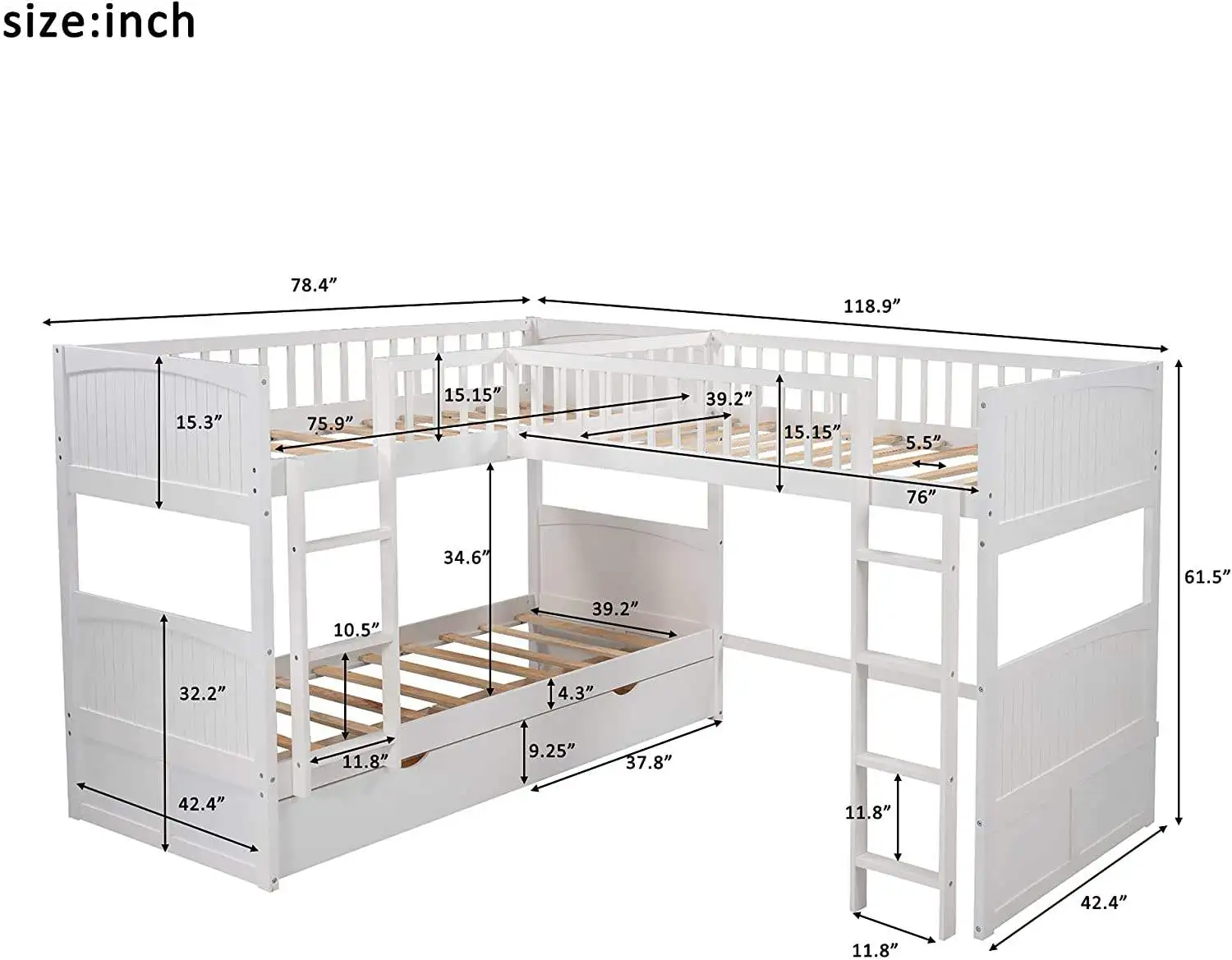 Maximalist Decor Furniture Triple Bunk Beds White Wooden L-Shaped Bunk Bed With Ladder and Storage Drawers