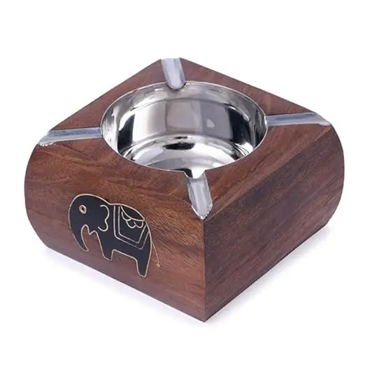 Modern Ashtray Square Shape Portable Best Design Strong Quality With Wooden Base Ash Container Holder Ash Tray Box In Wholesale