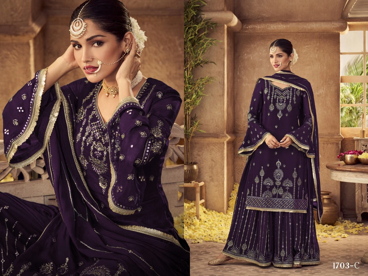 Heavy Faux Georgette with Embroidery Work Fancy Work & Damian 9 mm Sequence Ready Made Fancy Lace Palazzo Suit