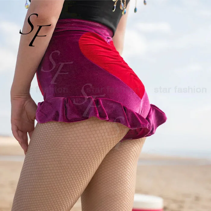 Custom summer sexy club color matching skinny heart bum peach butt velvet knickers ruffles women velour biker shorts