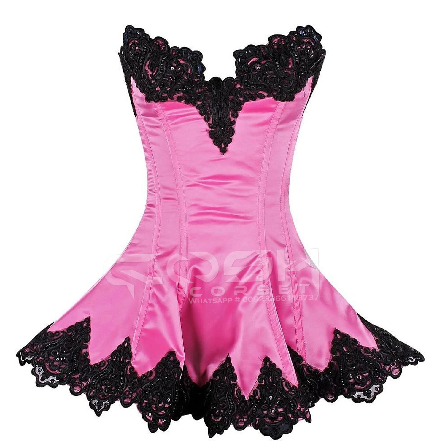 COSH CORSET Overbust Steelboned Pink Satin Outfit Dress With Black Lace Curvy Party Corset