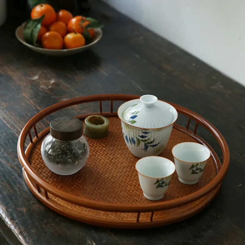 Hot Sale Vintage hand woven platter tray basket round bamboo storage basket bamboo wicker house decor Wholesale Multifunction