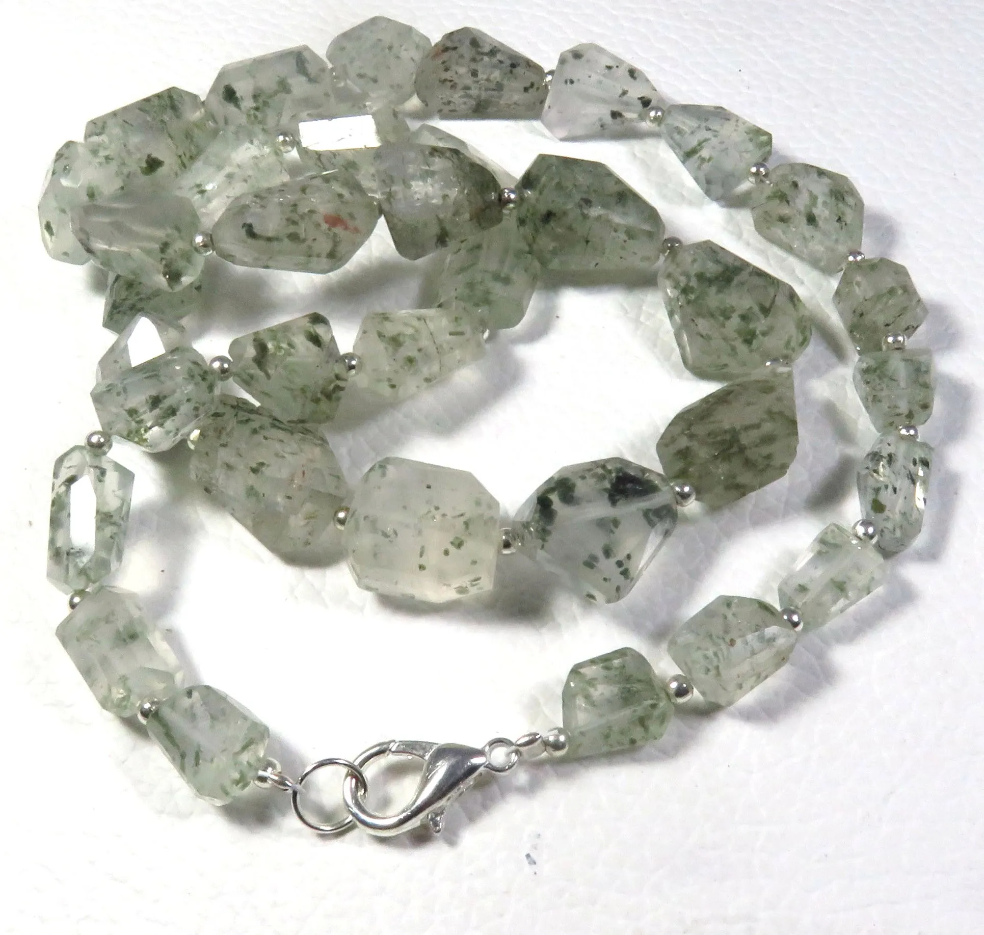 Green Dot Faceted Natural Rutile Quartz Necklace 8-16mm 17 Inches with 35pcs Tumble Nugget Beads Composed of Amber and Opal