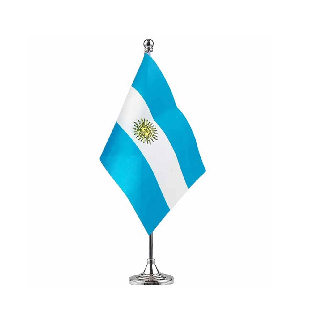 Argentina Luxury Table Flag Imported Silk Double Side Print Flag with Stainless Steel Pole Stand Mini Desk Argentina Flag