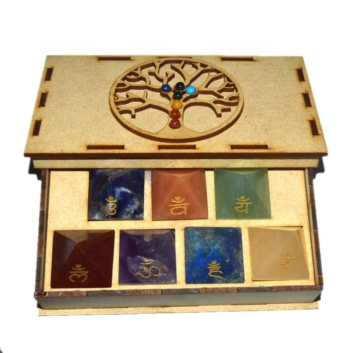 7 Chakra Sanskrit Pyramids Stones Set Seven Chakra Set Gift Box Gemstone Agate Feng Shui Chakra Gift Box