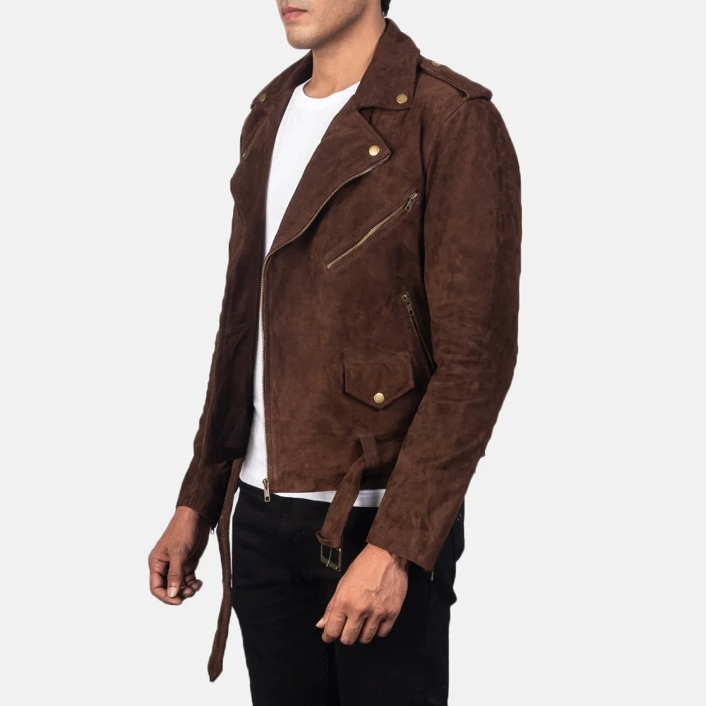 Men Suede leather  biker jacket/OEM custom dark brown suede leather jacket/Wholesale genuine suede fashion biker leather jacket