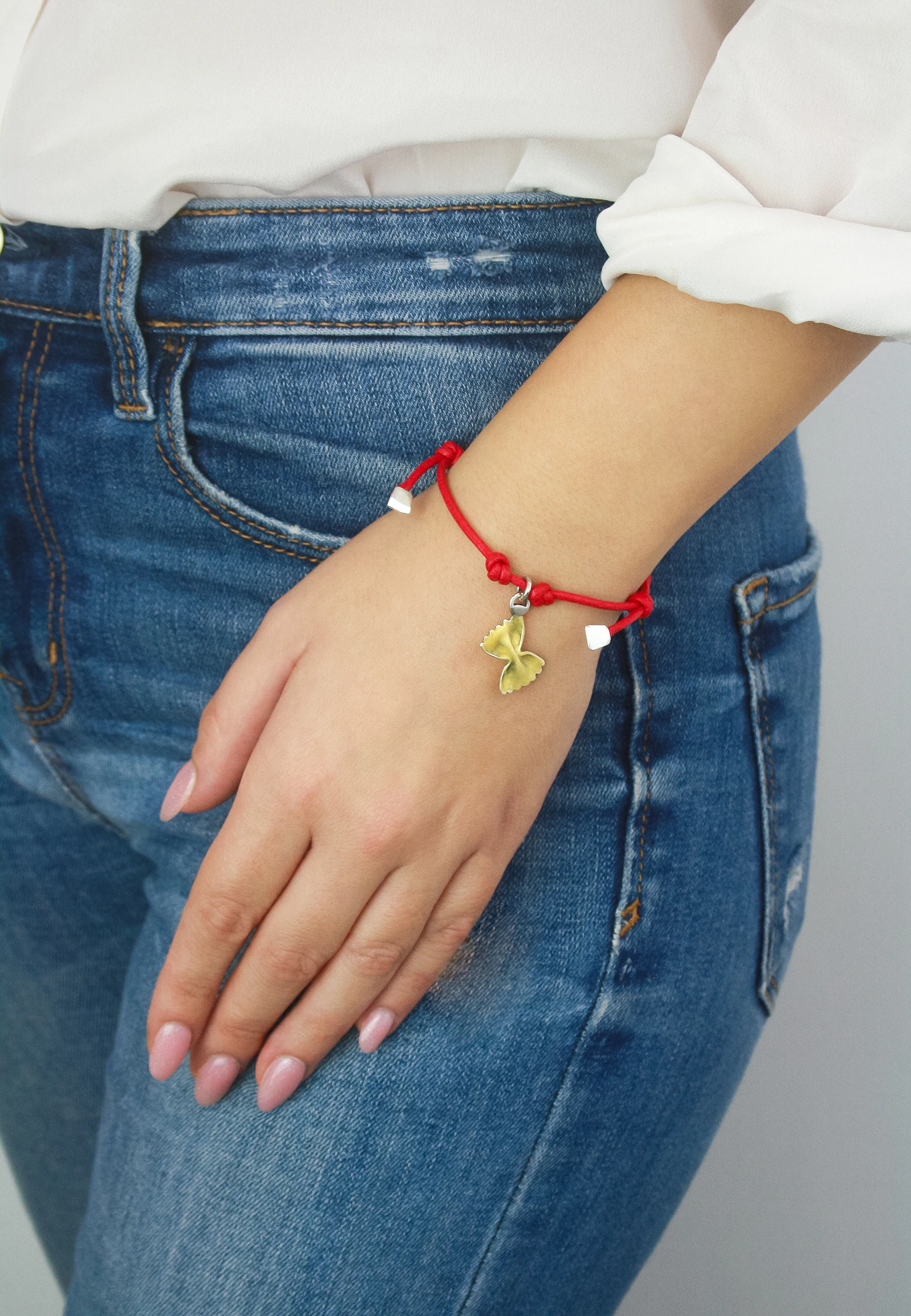 Handmade in Italy- Cotton Cord Bracelet with Farfalle Pasta Charm in Sterling Silver and Enamel-Italian-One Size Adjustable
