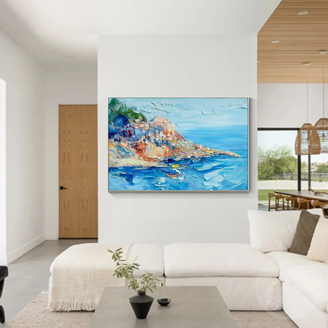 Seascape Knife Heavy Texture Painting Oil Painting Blue Sky Ocean Framed Wall Art