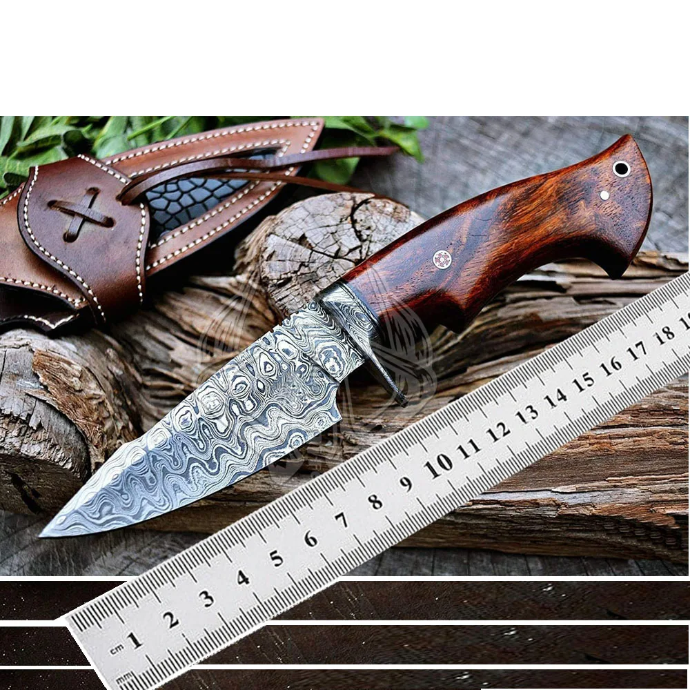 Beautiful Custom Handmade Damascus Steel Fixed Sharp Blade Hunting Bowie Camping Knife Gift For Him Handle Natural Rose Wood