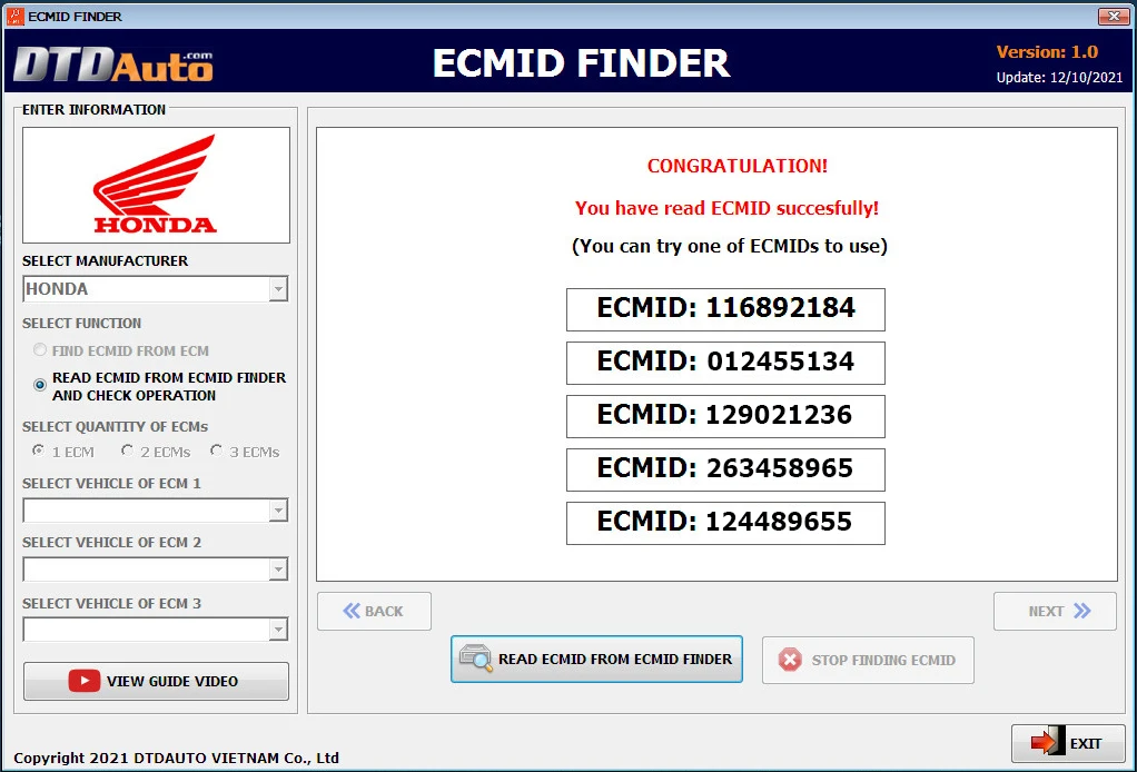 DTDAuto ECMID FINDER - Tool Reading ECMID from SCU Application Software Installed On Computer Operating System WINDOWS