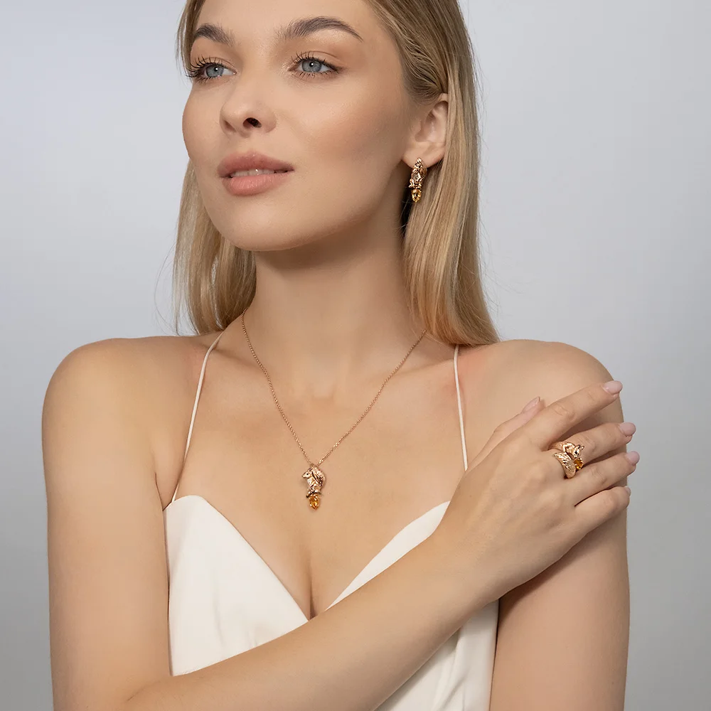 Unique 14 K solid Red Rose  gold Squirrel Ring citrine