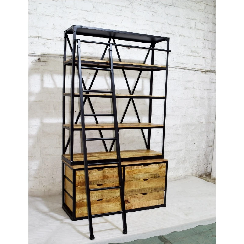 Best Selling Modern Vintage Industrial Design Double Part Bookshelf with Ladder Drawer Storage Bookcase for Home Living Room