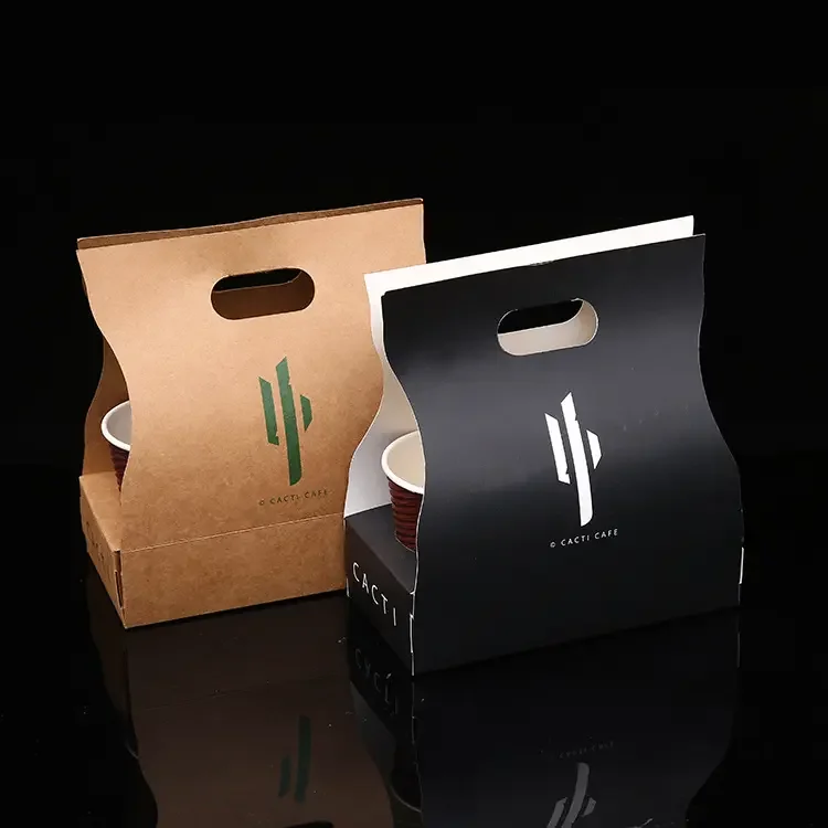 Luckytime Custom Printing Eco Friendly Paper Take Out Coffee Cup Drink Pack Paper Cup Holder with Handle