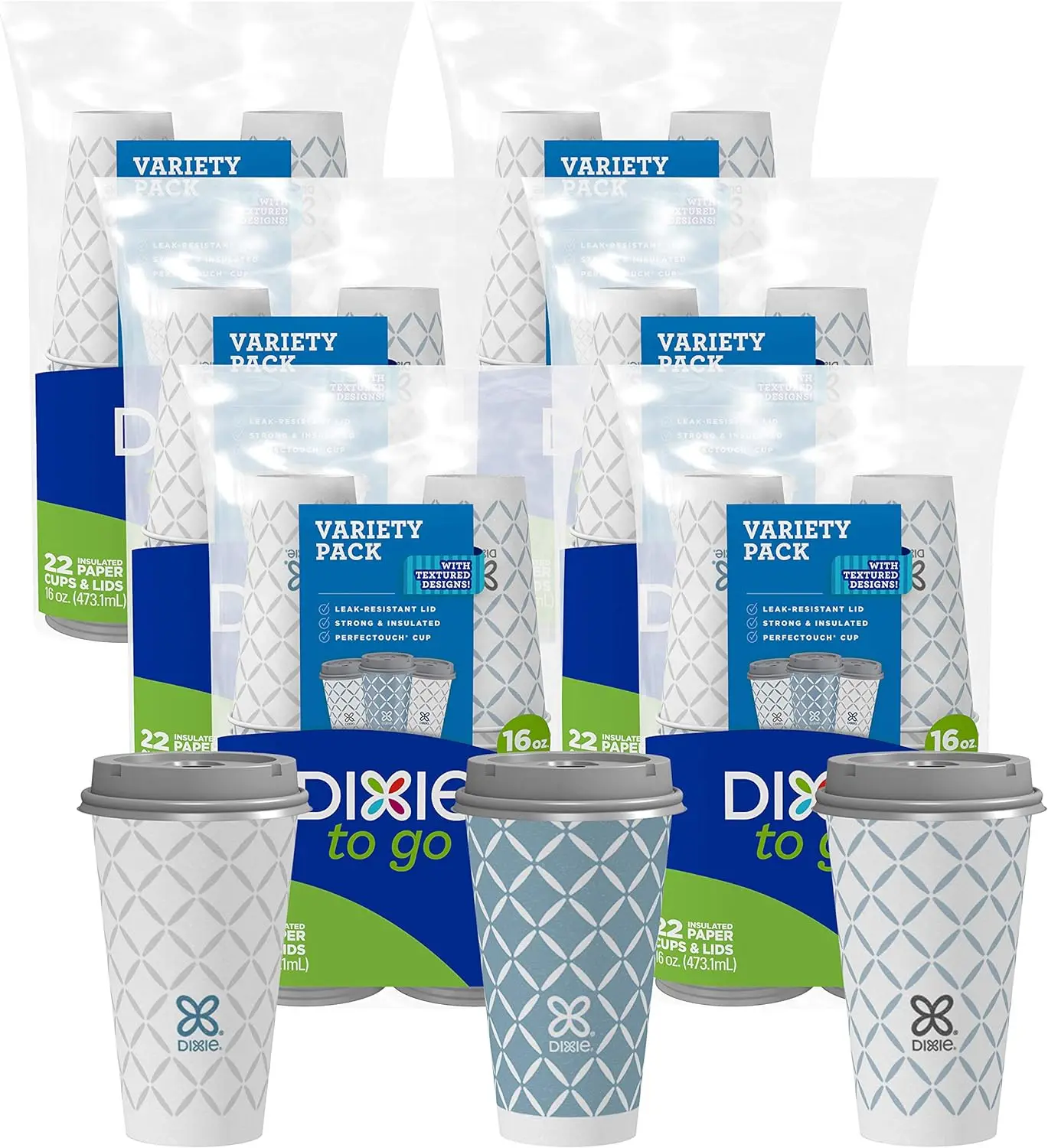 Dixie To Go Hot Beverage Cups & Lids, 16ounce, 132 Count, Assorted Designs, Disposable Paper Coffee Cups & Lids