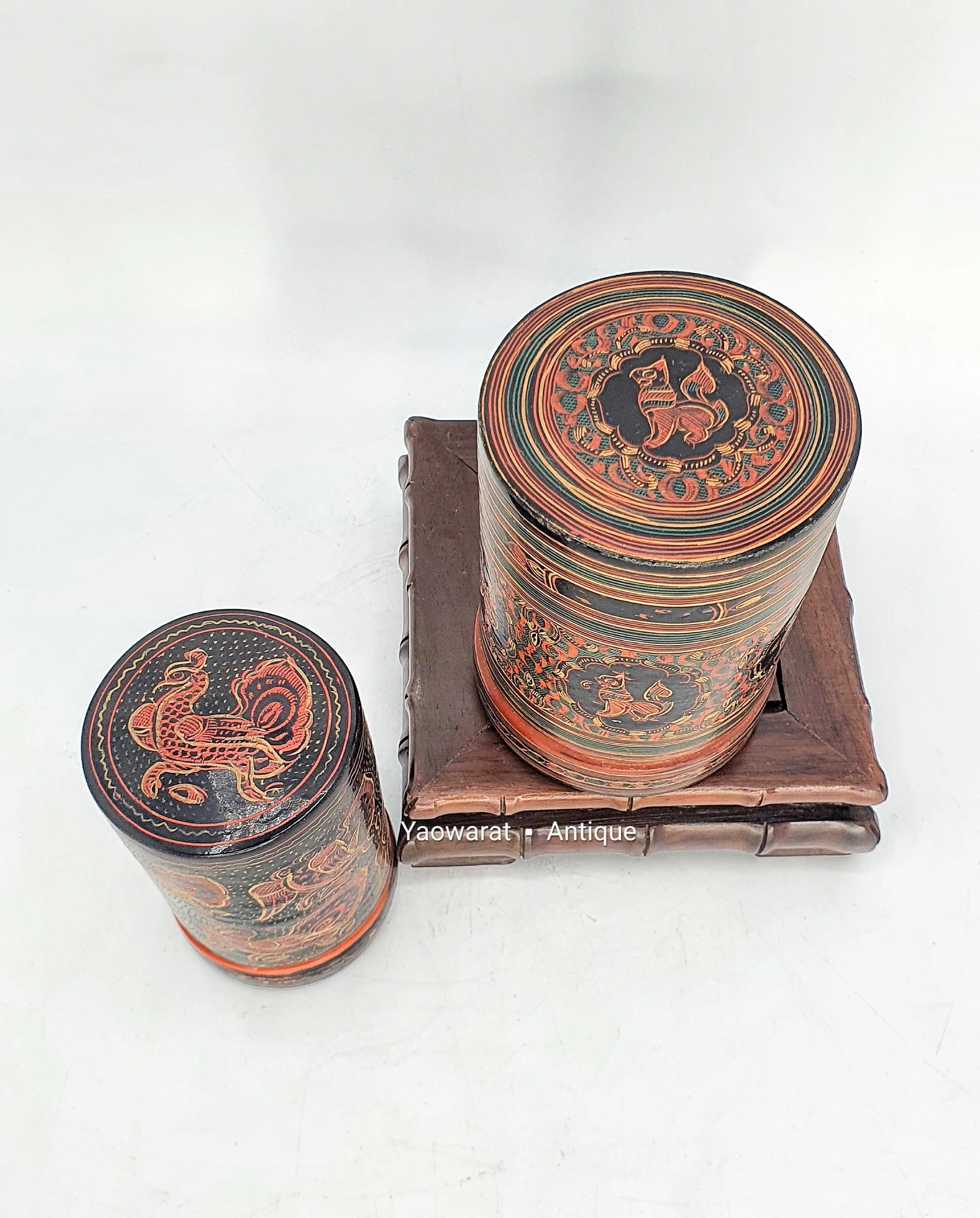An Antique Group Of  Myanmar Lacquer Ware Cylindrical Shape Decorated With Animals For Collect And Decorated Home Decor
