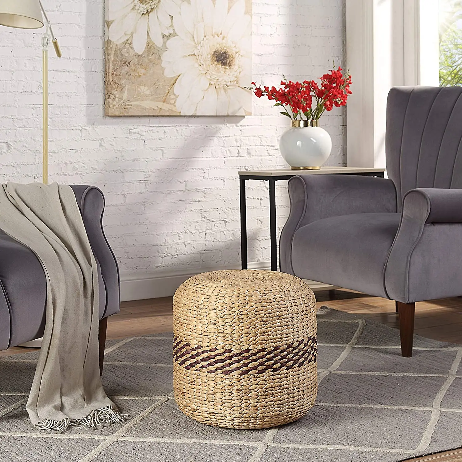 Water hyacinth vintage round ottoman stool bohemian chair cushion for home hotel decoration bulk quantity low price