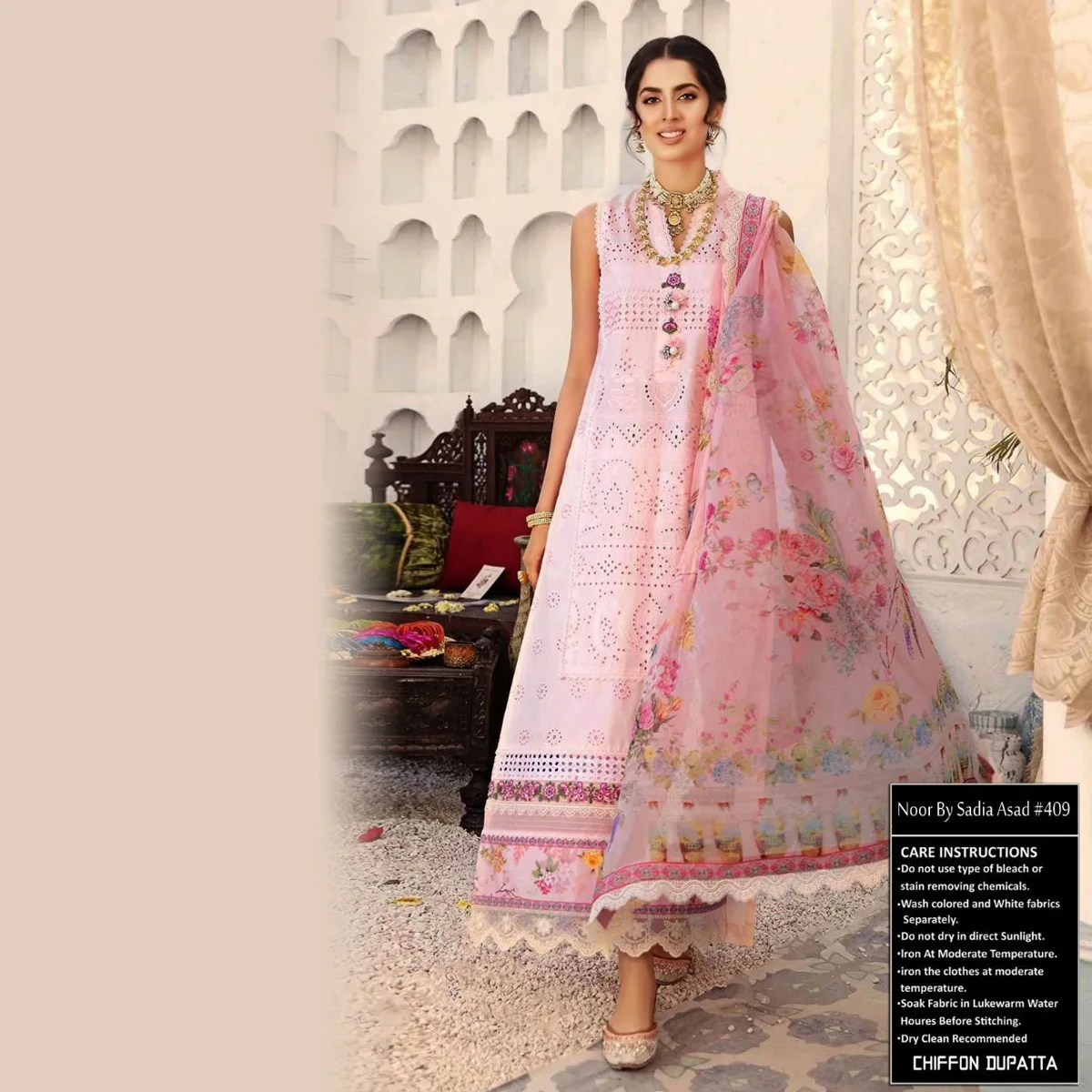 Wholesale Pakistani indian Style 3 pcs In Lawn chikankari fabric Along with Printed Sleeves, Daman Patches and Chiffon Dupatta