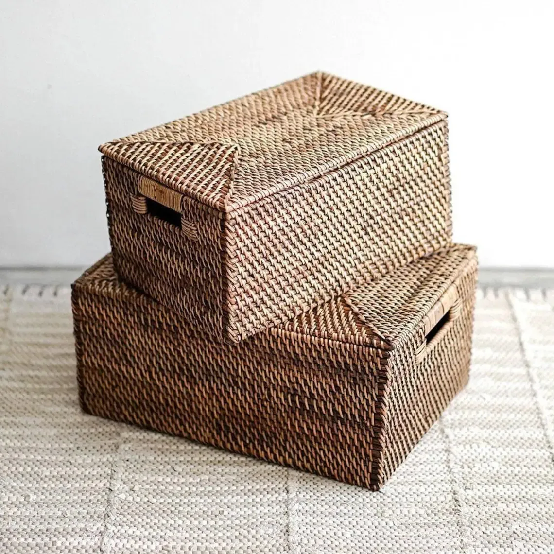 A pair of Dark Brown Woven Rattan Storage Box With Lid, Large Organizer Box, Wicker Rectangle Container