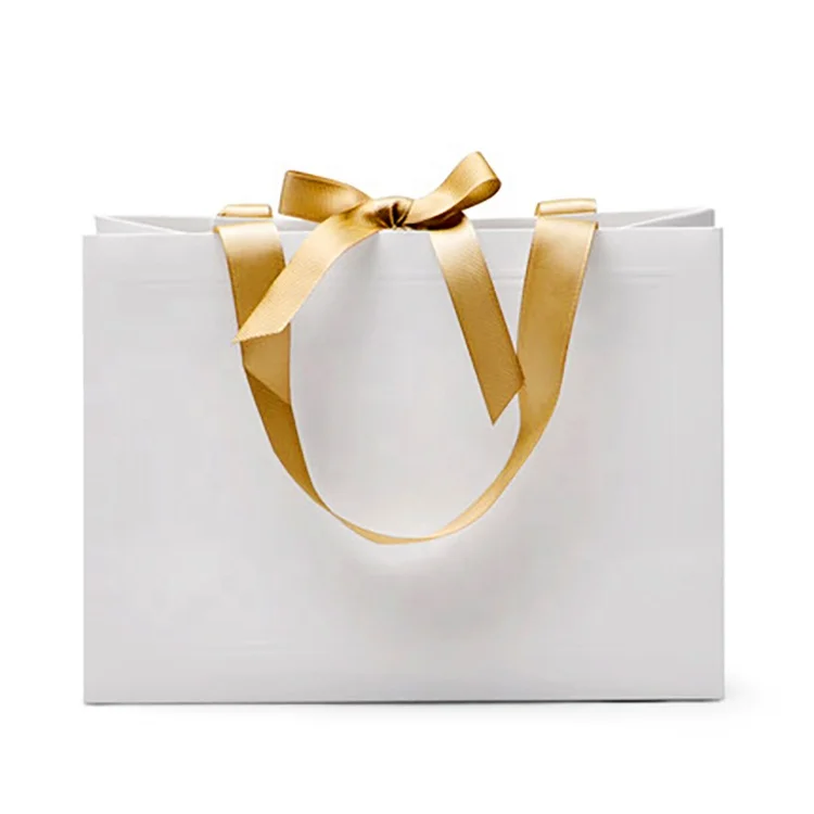 Luxury Small White Jewelry Gift Bag with Ribbon Handle Personalized Design Shopping Clothing Paper Bag for Cosmetics Packaging