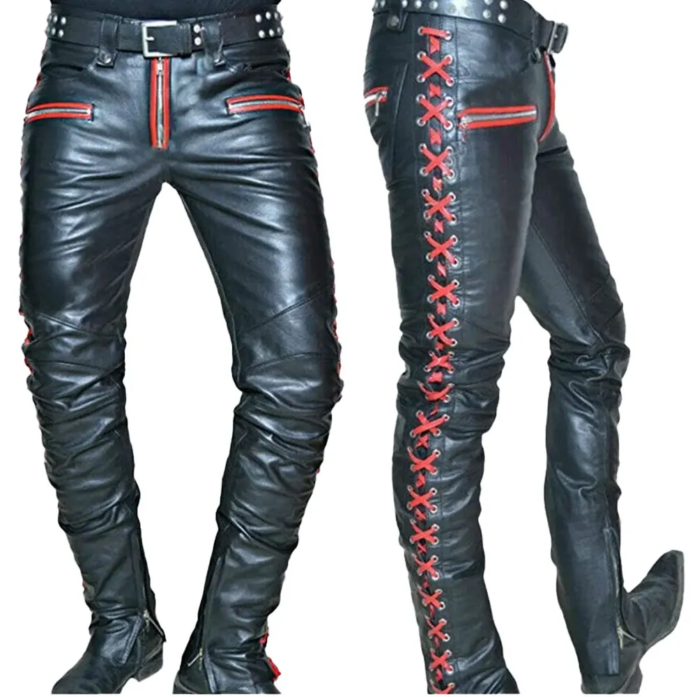 Men Trousers Black Leather Motorcycle Pants Cargo Pockets Vintage Clothing Men Clothing for Men Party leather trouser