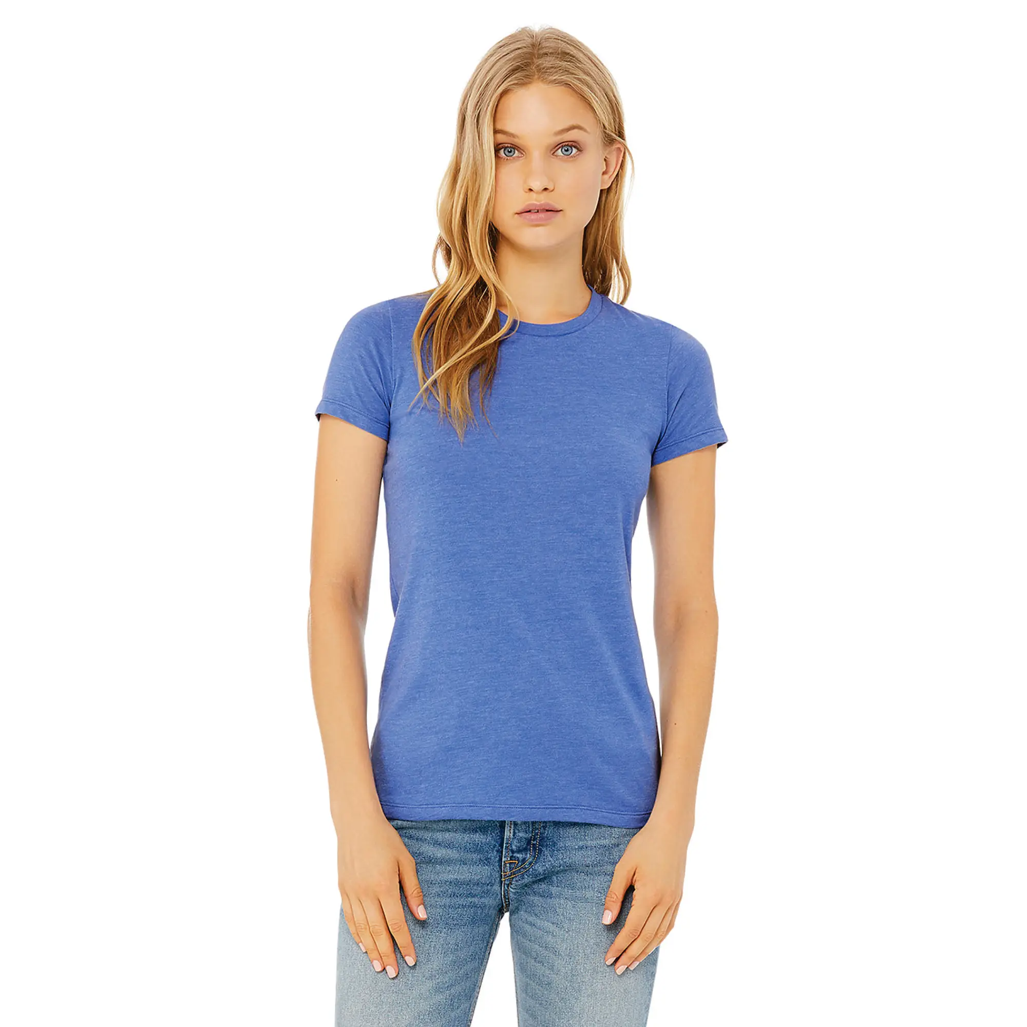 Shoulder Taping Longer Body Length 100% Airlume Combed and Ring Spun Cotton 32 Single 4.2 oz Columbia Blue Womens Slim Fit T-Shi