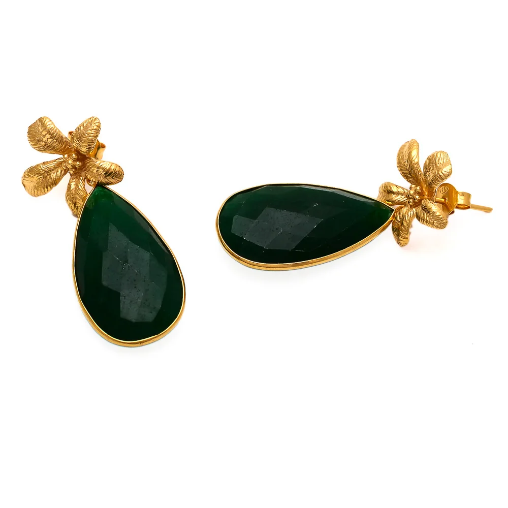 Brass Earrings Green Onyx Attractive Gemstone Brass Earrings