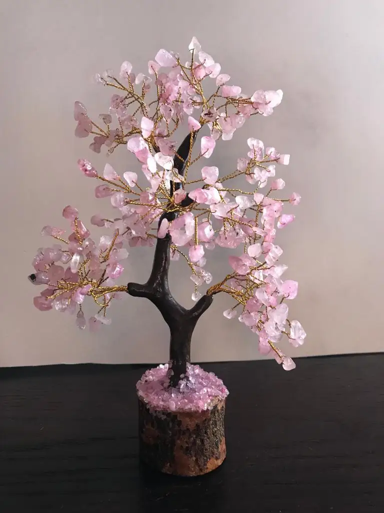 Latest Rose Quartz 200 Chips Silver Wire Gemstone Tree With Wooden Base Chakra Stone For Used As Chakra Tree