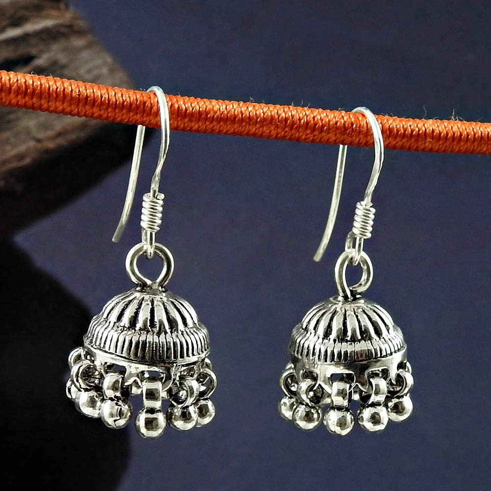 Indian Artisan Handicraft Jewelry 925 Sterling Oxidized Silver Dangle Handmade Jhumka Earrings For Woman Girls Bulk Manufacturer