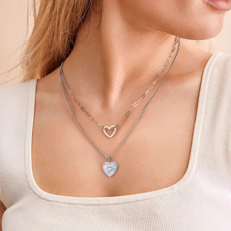 18K Rose Gold Plated Double Layer Heart Necklace Stainless Steel Hollow Heart Pendant Necklace Pearl Heart Necklace For Women