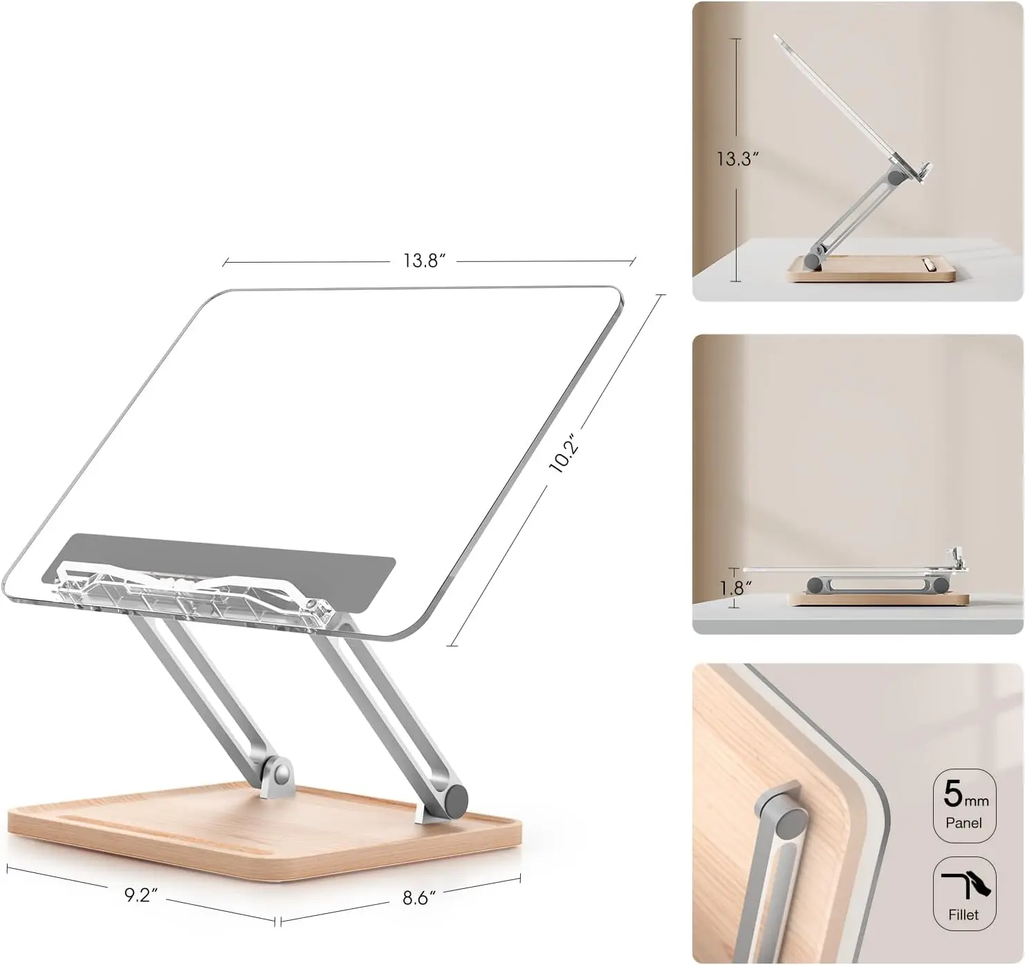 Adjustable Foldable Desktop Riser for Laptop Acrylic Book Stand Holder for Reading with Pen Slot with Page Clips