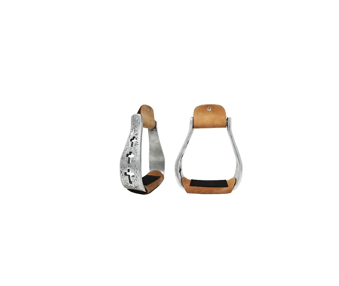 Western Stirrups Horse Show Saddle  Aluminum Leather Tread Cross Engraved Western Aluminium Stirrups