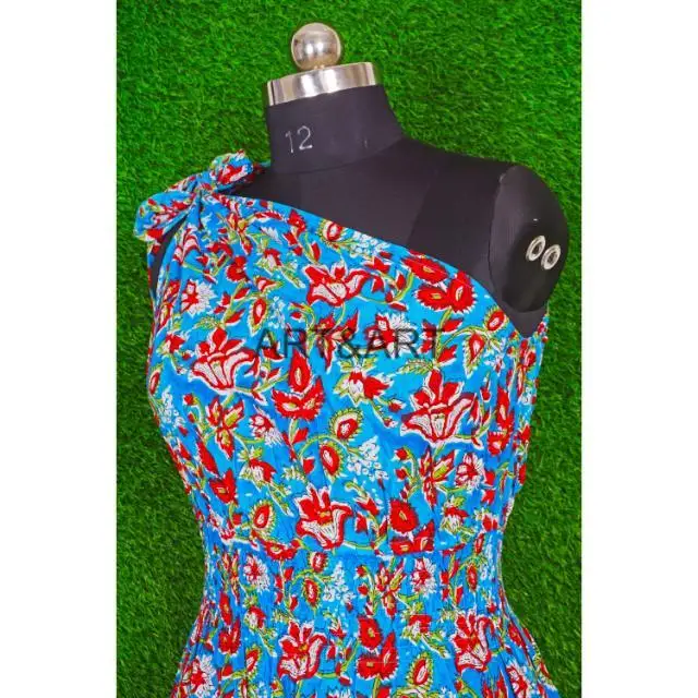 Handmade Floral Prints Cotton n dress One side Shoulder Designer cotton long dress smocking body dress for women cotton voile