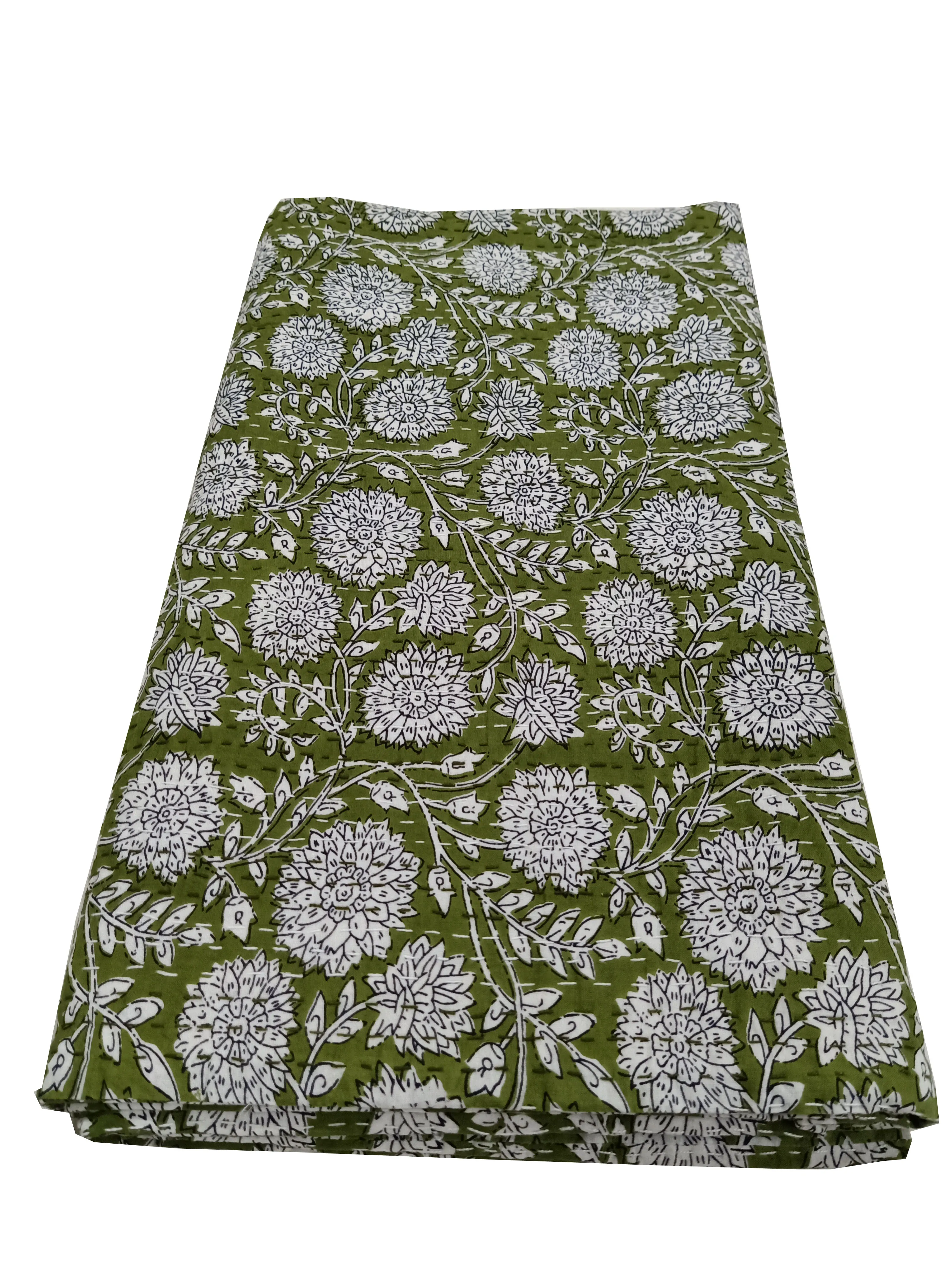 Ethnic Indian Floral Print 100% Cotton Comforter Custom Made Various Sizes Designs Green Color Print Sheets-King Size Home Use