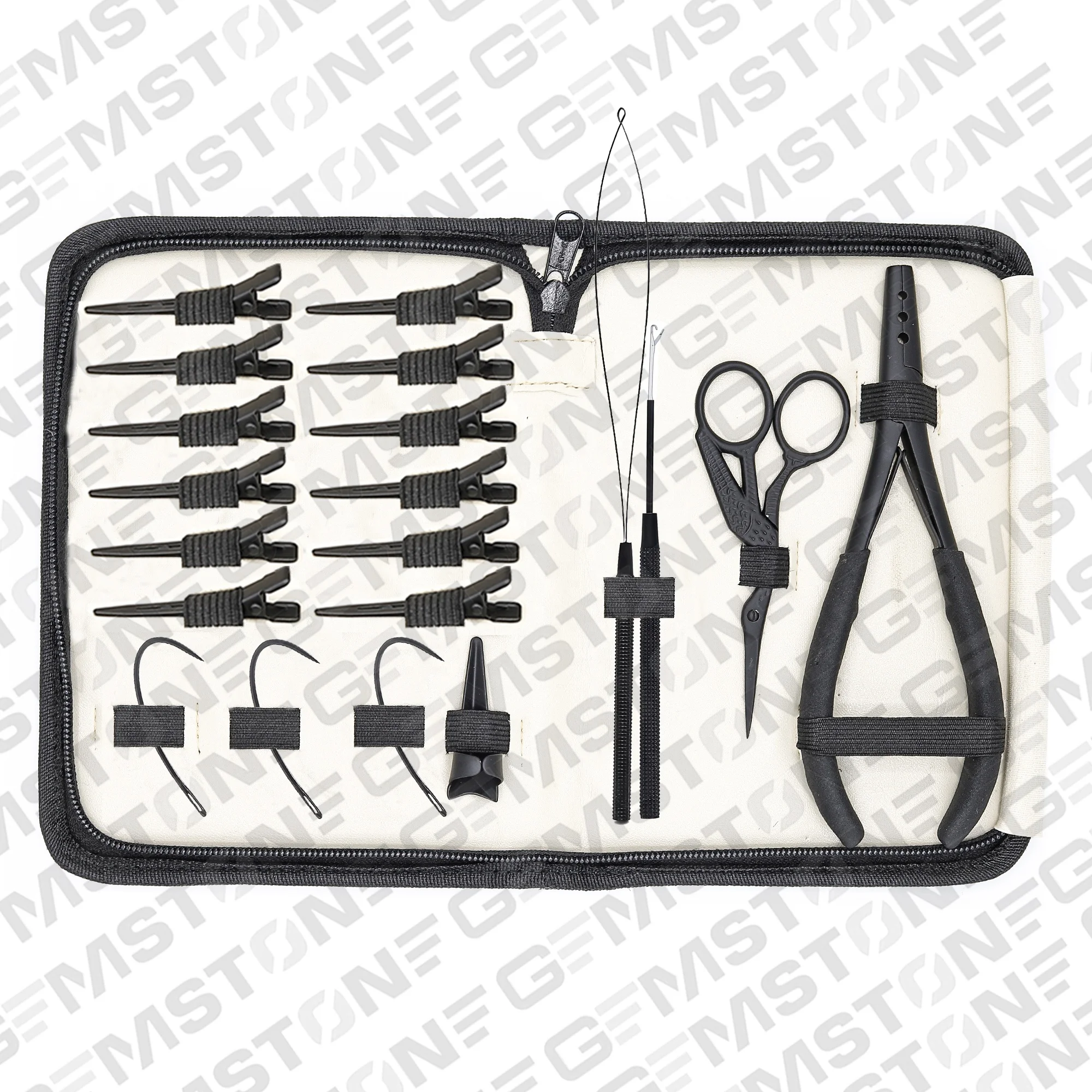 BLACK HAIR EXTENSIONS PLIERS TOOL KIT WITH HAIR SECTION CLIPS PULLING LOOP HOOK RING SCISSOR AND NEEDLES HAIR PARTING TOOLS KIT
