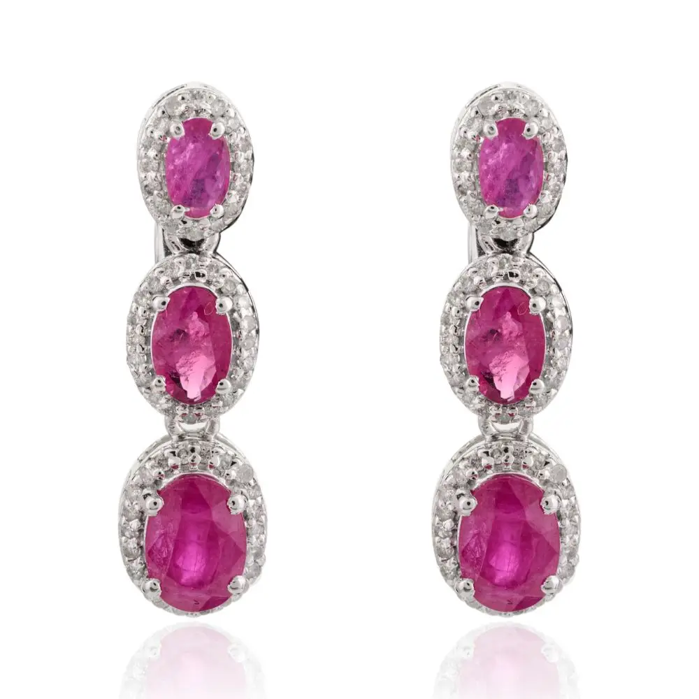 Popular Luxury Handmade 100% Natural Ruby and Diamond Dangle Earrings 14k Solid White Gold Wholesale Jewelry For Women Girls
