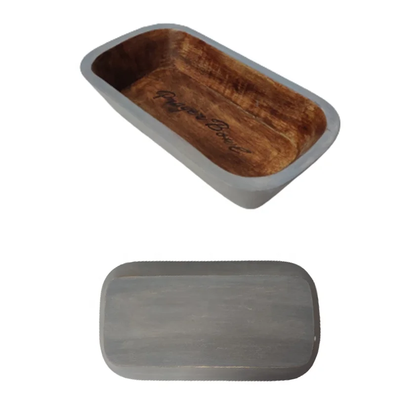 Antique Small Walnut & Grey Prayer Dough Bowl Religious Gifts Farmhouse Rustic Church Centerpiece for Home Decor Serving