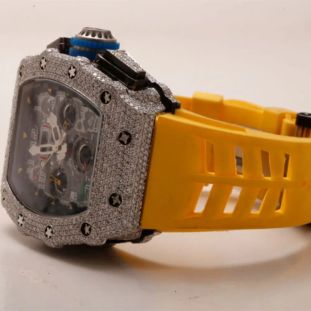 Iced Out Bling Tester Pass Big Dial Mechanical Belt Unisex Bezel Silver VS Chrono Custom Logo With Box Moissanite Diamond Watch