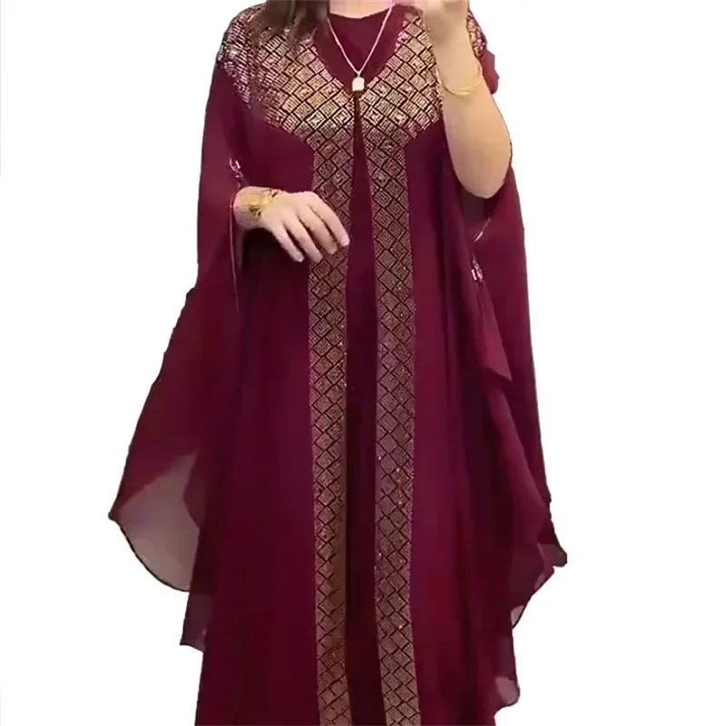Chiffon Dress Modesty Rhinestone Abaya Kaftan Islamic Clothing Muslim Dubai Jalabiya Burkha Robe Women Party Gown