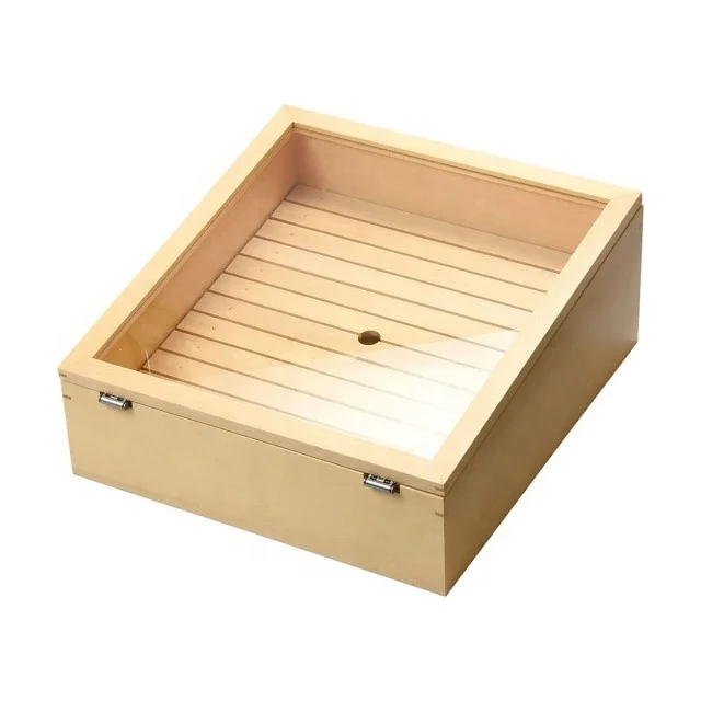 Japanese Traditional Kitchen Goods Wood Display Box for Food with Clear Window 35586 Inclined Sushi Neta Case with Acrylic Cover
