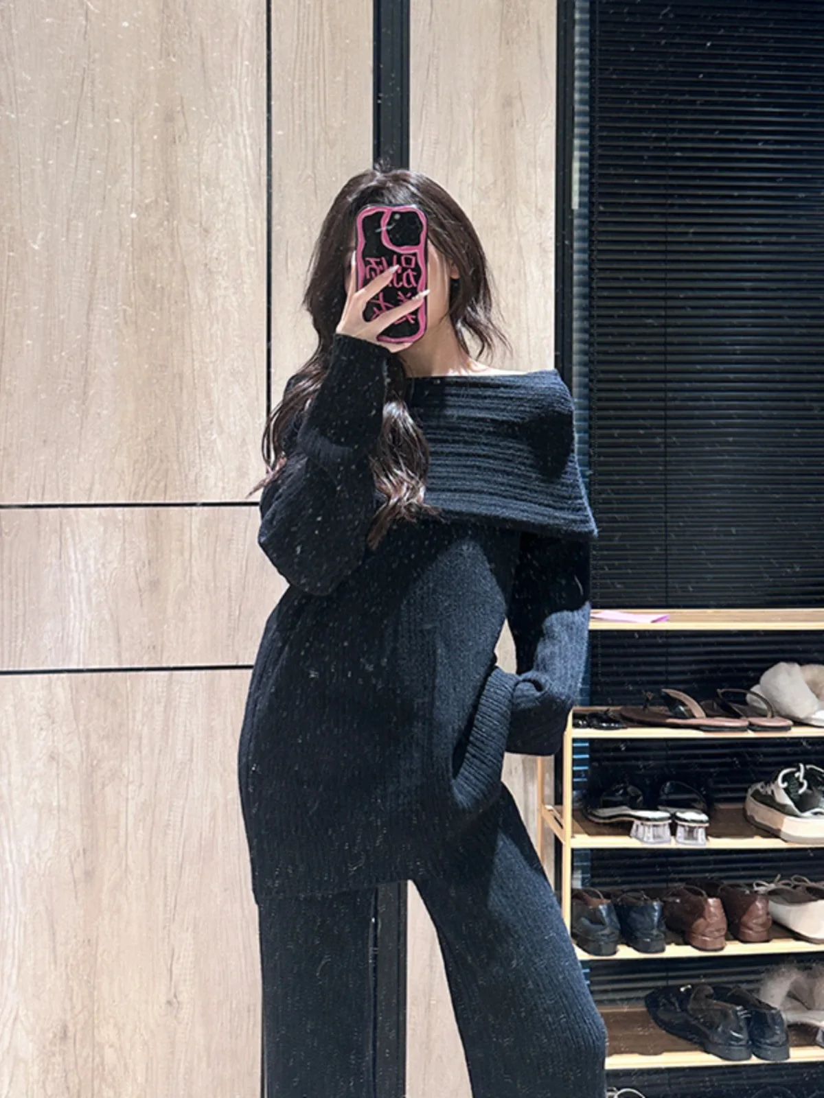 New 2024 classic off-shoulder sweater casual wide-leg pants two-piece suit sweater sets outwear ladies warm knitted set