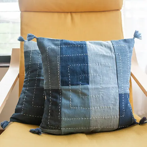 Modern Abstract Square Embroidered Jeans Cushion Covers Handmade Set of 2 Stylish Construction Design for Home Decoration