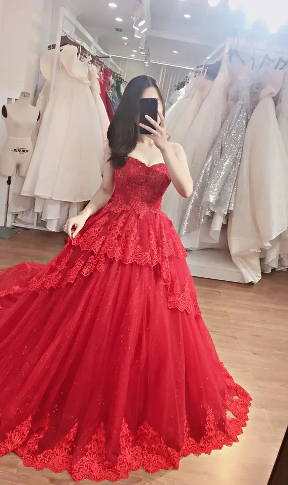 High Quality wedding dress wholesale ball gown off-shouder flowers lace beads add beading red color  TNBP50