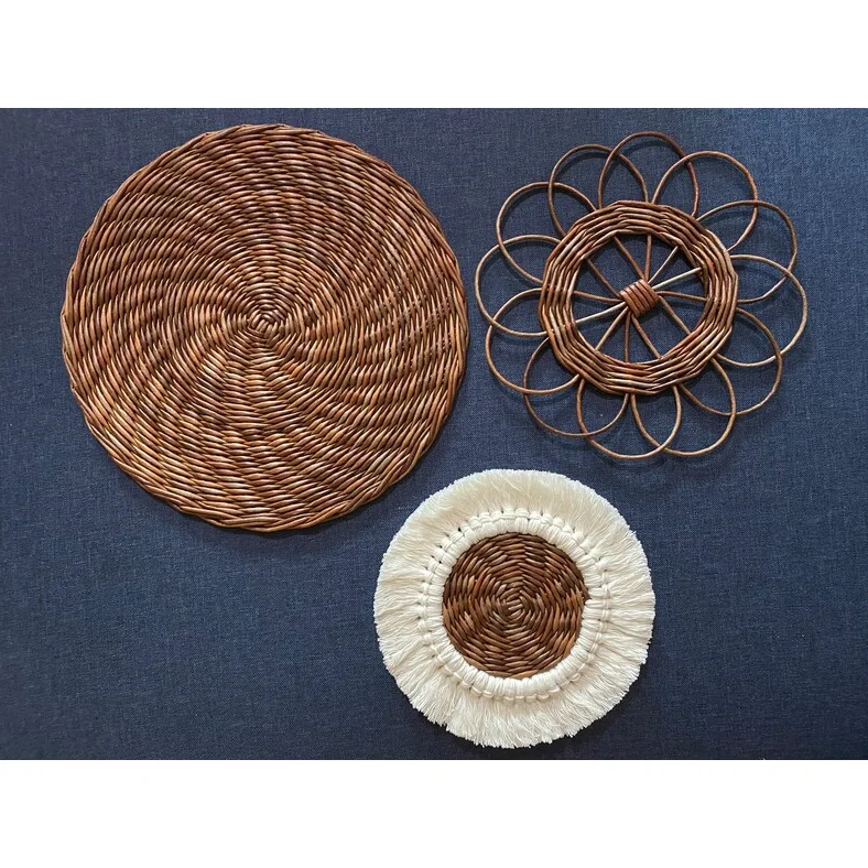 New Design Rattan Weaving Set of 3 Cotton Yarn Daisy Wall Decorations for Living Room Style Luxury Made in Vietnam
